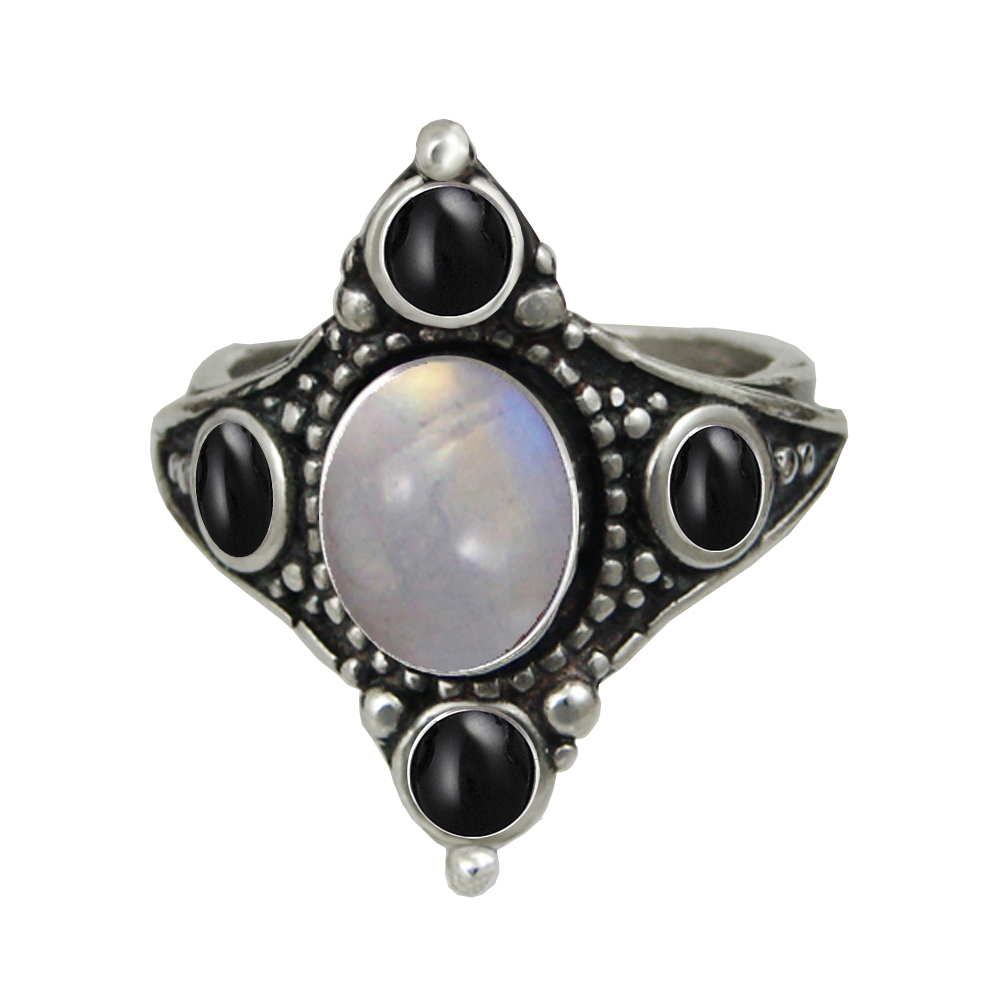 Sterling Silver Renaissance Queen's Ring With Rainbow Moonstone And Black Onyx Size 9